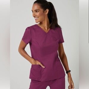 Jaanuu Mock Wrap Scrub Top in Wine, Size XS